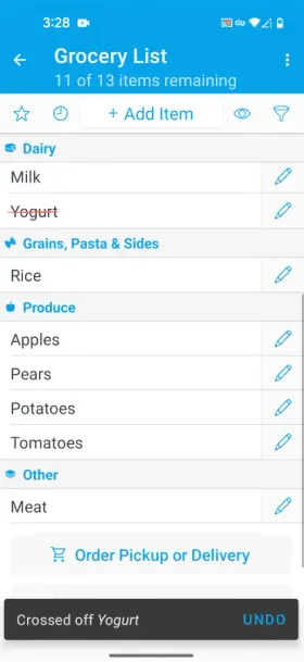 AnyList’s Grocery List with 11 of 13 items remaining, grouped into Dairy, Grains Pasta and Sides, Produce and Other categories, with Milk, Rice, Apples, Pears, Potatoes, Tomatoes and Meat listed