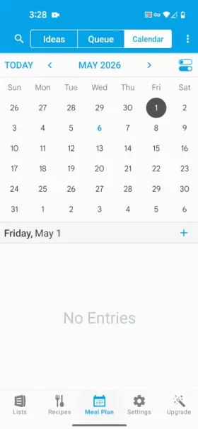 AnyList’s Meal Plan Calendar tab for May 2026, showing the month grid with May 1 selected and a "No Entries" state below it, ready for recipes to be dropped onto specific days