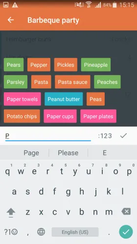 Buy Me a Pie!’s add-item screen with a "P" typed into the search field and color-tagged autocomplete suggestions including Pears, Pepper, Pickles, Pineapple, Parsley, Pasta, Peaches, Paper towels, Peanut butter, Peas, Potato chips, Paper cups and Paper plates