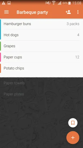 Buy Me a Pie!’s "Barbeque party" list with color-coded category tags down the left edge and items like Hamburger buns, Hot dogs, Grapes, Paper cups and Potato chips, each with a quantity