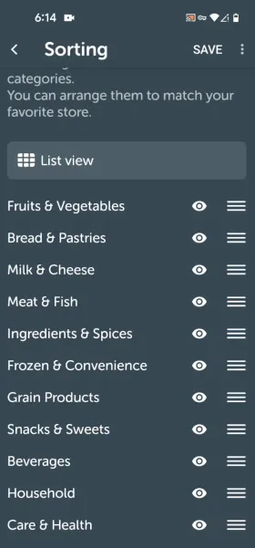 Bring!’s Sorting screen listing categories such as Fruits & Vegetables, Bread & Pastries, Milk & Cheese, Meat & Fish, and Ingredients & Spices, each with a drag handle to reorder them