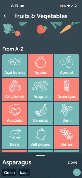 Bring!’s Fruits & Vegetables catalog browsed A-Z, with icon tiles for Açaí berries, Apples, Apricot, Artichokes, Arugula, Asparagus, Avocado, Bananas, Basil, Beets, Bell pepper and Berries
