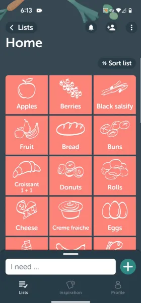 Bring!’s Home screen with a grid of icon tiles for items like Apples, Berries, Bread, Croissant, Cheese, and Eggs, each shown as a hand-drawn picture with a label