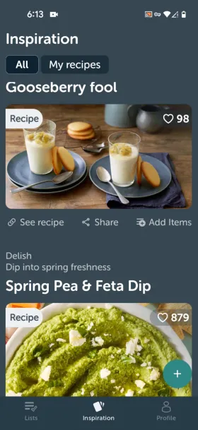 Bring!’s Inspiration feed showing recipe cards for "Gooseberry fool" with 98 likes and "Spring Pea & Feta Dip" with 879 likes, each with See recipe, Share and Add Items actions