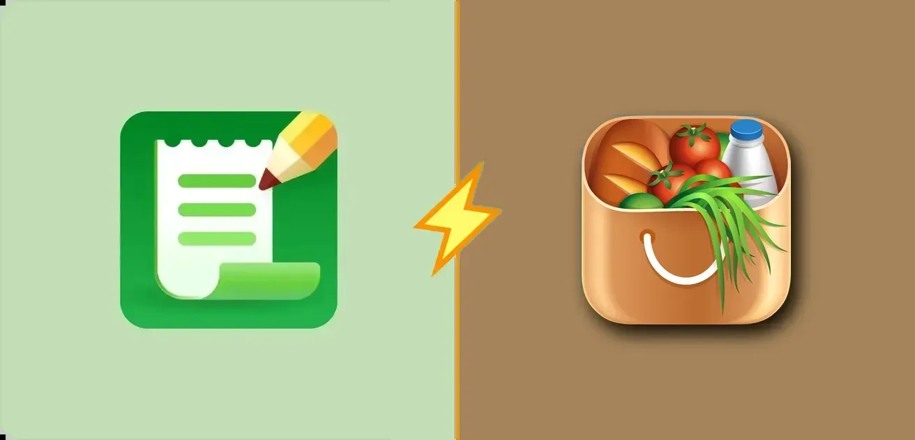 Listonic and Buy Me a Pie! app icons side by side, split by a lightning bolt
