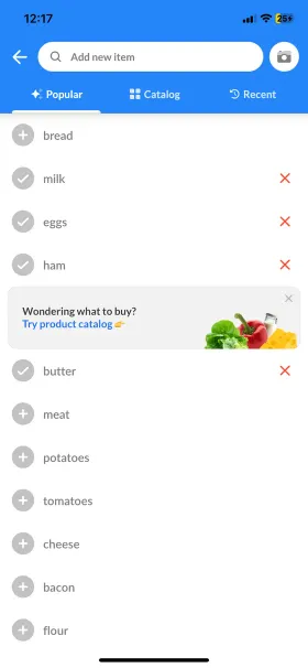 Listonic’s add-item screen with an "Add new item" search bar and Popular, Catalog and Recent tabs, showing bread, milk, eggs, ham and butter as tappable suggestions