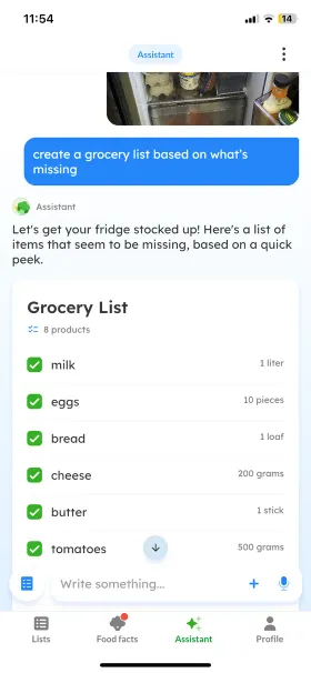 Listonic’s assistant responding to a photo of a fridge with a generated grocery list of 8 products including milk, eggs, bread, cheese, butter, and tomatoes