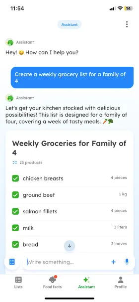 Listonic's assistant answering the request "Create a weekly grocery list for a family of 4" with a 25-product list including 4 chicken breasts, 1 kg of ground beef, 4 salmon fillets, 3 liters of milk and 2 loaves of bread