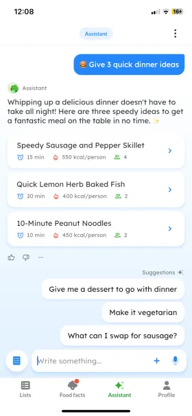 Listonic’s assistant answering "Give 3 quick dinner ideas" with Speedy Sausage and Pepper Skillet at 15 minutes, Quick Lemon Herb Baked Fish at 20 minutes and 10-Minute Peanut Noodles, each showing time, calories per person and servings