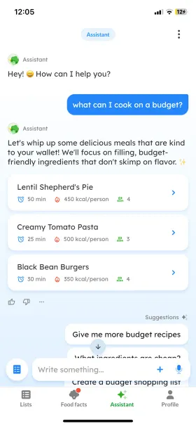 Listonic’s assistant answering "what can I cook on a budget?" with Lentil Shepherd’s Pie, Creamy Tomato Pasta and Black Bean Burgers, each showing time, calories per person and servings