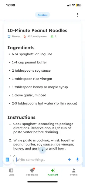 The 10-Minute Peanut Noodles recipe open in Listonic, listing 6 oz of spaghetti, a quarter cup of peanut butter, soy sauce, rice vinegar, honey and garlic, followed by numbered cooking instructions