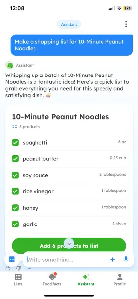 Listonic’s assistant responding to "Make a shopping list for 10-Minute Peanut Noodles" with a 6-product list of spaghetti, peanut butter, soy sauce, rice vinegar, honey and garlic, and an "Add 6 products to list" button