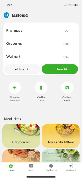 Listonic’s home screen showing Pharmacy, Groceries and Walmart lists, Shopping Assistant, Add by voice and Add from photo buttons, and a row of meal-idea suggestions