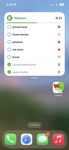 An iPhone home screen widget for a Listonic list, showing several items checked off with a progress bar