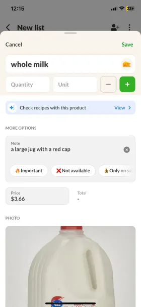 Listonic’s item detail sheet for whole milk, showing a note reading "a large jug with a red cap," a price of $3.66, and an attached photo of the milk jug