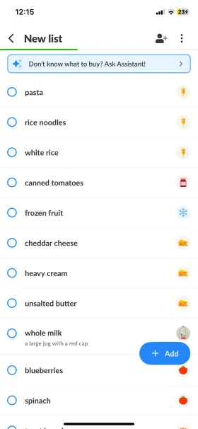 A Listonic grocery list holding pasta, rice noodles, white rice, canned tomatoes, frozen fruit, cheddar cheese, heavy cream, unsalted butter, whole milk, blueberries and spinach, each with a category icon, and the whole milk row carrying the note "a large jug with a red cap" and a photo thumbnail