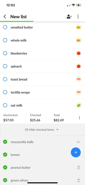 A Listonic list with unsalted butter, whole milk, blueberries, spinach, toast bread, tortilla wraps and oat milk, showing Unchecked $57.03, Checked $25.66 and Total $82.69, with nine checked-off items collapsed below