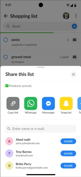 Listonic’s share sheet titled "Share this list" with Products synced confirmed, Copy link, WhatsApp, Messenger and Snapchat buttons, and a list of people to share with directly