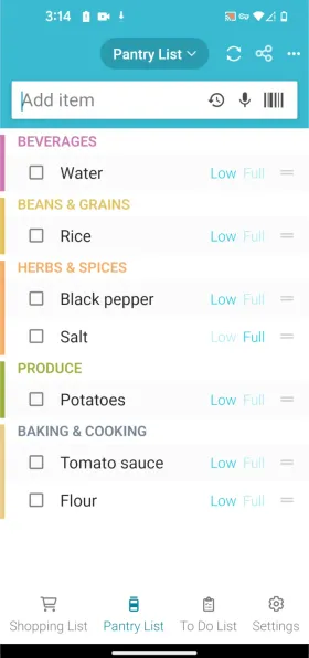 Out of Milk’s Pantry List grouped by Beverages, Beans & Grains, Herbs & Spices, Produce and Baking & Cooking, with water, rice, black pepper, salt, potatoes, tomato sauce and flour each set to a Low or Full stock status