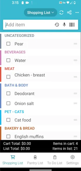 Out of Milk’s shopping list grouped into color-coded categories including Uncategorized, Beverages, Meat, Bath & Body, Pet - Cats and Bakery & Bread, with a cart total and list total bar at the bottom